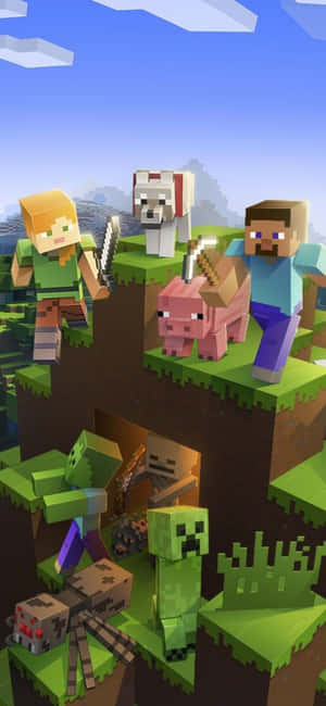 Minecraft玩家和生物在晴朗天空下的浮島上。 — Pixel 10 Pro XL 壁紙