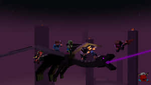 Minecraft玩家在紫色夜空中與龍戰鬥。 — 我的世界 壁紙