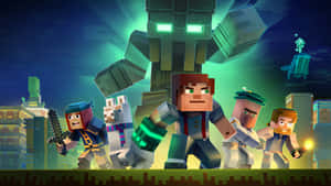 Minecraft角色在夜晚城市中面對巨型機器人 — 我的世界 壁紙
