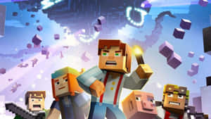 像素方塊風格的Minecraft角色，帶有漂浮立方體和發光效果。 — 我的世界苦力怕 壁紙