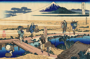 旅客越過木橋，背景為富士山。 — 日式 壁紙