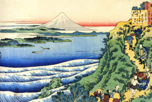 旅客沿著懸崖小徑行走，旁邊是拍岸的浪花，遠處富士山。 — 日式 壁紙