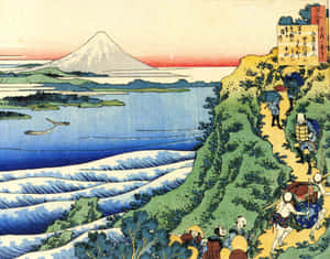 旅客沿著懸崖小徑前行，靠近拍岸的浪花，遠處可見富士山。 — 海灘日落 壁紙