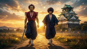 兩位動漫戰士在日落時分走向一座日本城堡。 — 多羅羅 壁紙