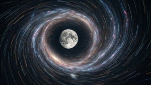 月亮被深空中旋轉的星跡和彩色星雲環繞。 — 銀河月亮 壁紙