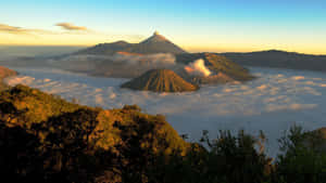 日出時從雲海中浮現的火山峰 — 印尼 壁紙