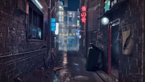 霓虹招牌在潮濕的小巷中夜間發光，有一輛停放的腳踏車和磚牆。 — 夜晚 壁紙