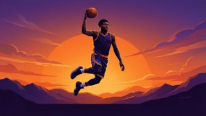 紫色球衣的運動員在山上日落背景下持籃球跳躍。 — Ja Morant 動圖 壁紙