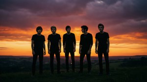 日落時分，五個剪影男子站在山丘上 — One Direction 壁紙