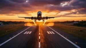 夕陽時分跑道鳥瞰，一架飛機正在起飛 — 伸展台 壁紙