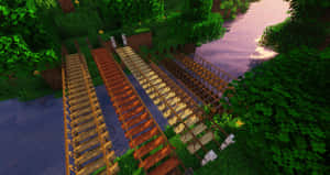 木製火車軌道穿過Minecraft森林，日落時分。 — 塔橋 壁紙