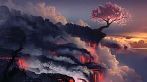 一棵櫻花樹矗立在火山懸崖上，伴隨著熔岩流和雲彩，在日落時分。 — 動漫風景美圖 壁紙