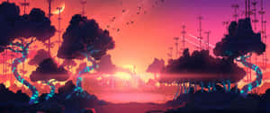 新月粉橙色日落天空下，發光樹根的外星森林。 — 森林景觀 壁紙
