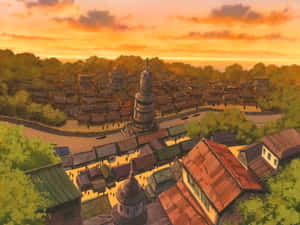 日落時分的動漫村莊，橙色天空和木屋頂。 — 酷 naruto 壁紙