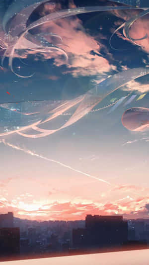 動畫風格的城市天際線在日落時分，天空中有發光的絲帶和星星。 — 動漫風景美圖 壁紙