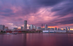 日落時分的城市天際線，粉紫色雲彩倒映在平靜的水面上。 — 橫濱 壁紙
