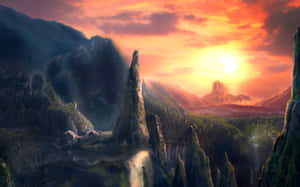 帶有瀑布和發光日落的奇幻山景。 — 暗色花卉 壁紙