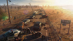金色夕陽下，殭屍和破車的末日高速公路場景。 — 日蝕 壁紙