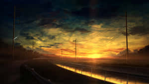 日落時分蜿蜒的道路與電線，充滿活力的橙藍色天空 — 日落 壁紙