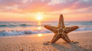 日落時分海灘上的海星與海浪 — 可愛夏天 壁紙