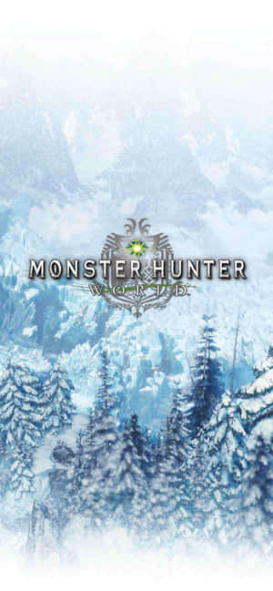 Monster Hunter World標誌在雪覆蓋的山地森林場景上方。 — 酷炫遊戲 壁紙