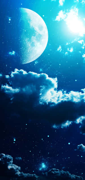 彎月和太陽在繁星點點的藍天中穿過雲層閃耀。 — 月光 壁紙