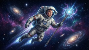 太空人在太空中手持發光杖，被星系和星星環繞。