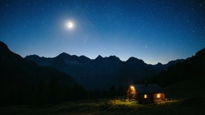 在星空下，山間一間亮著燈的小屋，伴隨著明亮的月亮。 — 山景 壁紙