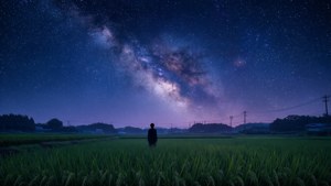 在銀河可見的星空下，站在稻田中的人。 — 秒速5公分 壁紙