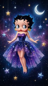 Betty Boop 身穿紫色星空連衣裙，在懸掛的星星和新月之間漂浮。 — iPhone 7 Plus 壁紙