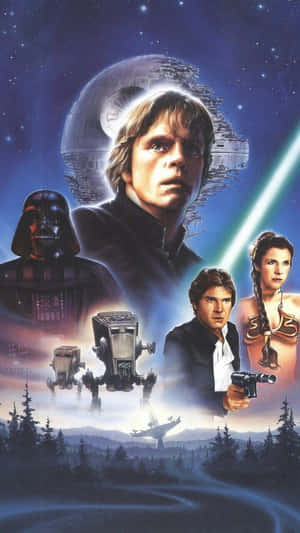 星戰角色包括Luke Skywalker、Darth Vader和Princess Leia在太空場景中，有死星和AT-AT步行機。