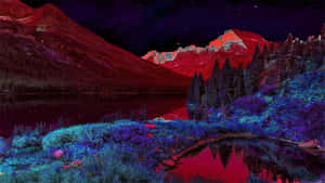 夜間山湖，紅色山峰和藍色森林在星空下 — 魔法森林 壁紙