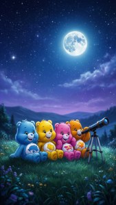 四隻色彩繽紛的卡通熊在星光燦爛的夜晚草地上透過望遠鏡看著滿月。 — iPhone 7 壁紙