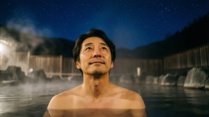 男子在星空下浸泡在溫泉中 — 對馬戰鬼 壁紙