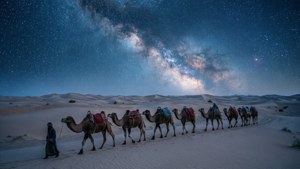 駱駝商隊在星空夜空下穿越沙漠，銀河清晰可見。