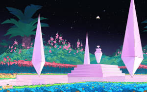 星空下發光花園中的粉紅色幾何紀念碑。 — 卡通頻道角色 壁紙