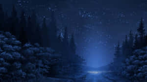 星空下雪森林小徑在夜晚通往發光村莊。 — 動畫風景動圖 壁紙