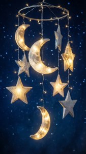在深黑夜空中，月亮與星星掛飾的奇幻桌布。 — 手機 壁紙