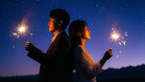 賀天與莫關山在星空下手持煙火。 — 19天 壁紙