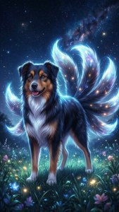 一隻帶有九條發光尾巴的魔法狗站在星空草地上，周圍有發光的花朵。 — iPhone 5 壁紙
