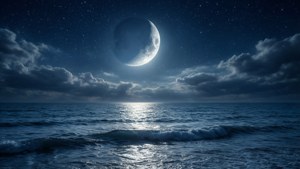 寧靜的海洋場景，伴隨著新月與滿天星斗。