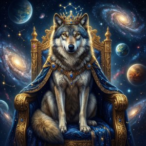 一隻威嚴的銀河之狼端坐於星辰王座上，頭戴星座之冠。