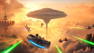 星際戰機在佈滿雲層和漂浮太空站的天空中發射綠色雷射。 — 電玩遊戲 GIF 壁紙