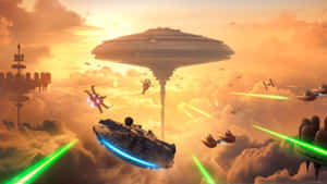 星際戰機在金色雲層中的漂浮站上空進行太空戰鬥時發射綠色激光。 — 獵鷹 壁紙