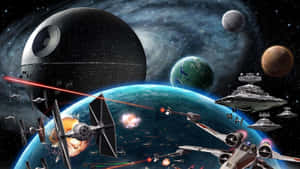 星際戰機在藍色行星上空戰鬥，死星在太空中若隱若現。 — 星際大戰 壁紙