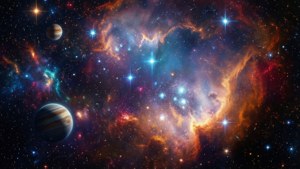 深空中帶有發光恆星和兩顆條紋行星的彩色星雲。 — 數位藝術 壁紙
