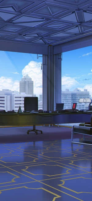 未來辦公室，藍色金色地板，透過大窗戶俯瞰城市天際線。 — iPhone Air 壁紙
