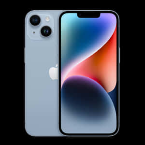 淺藍色 iPhone 14，螢幕上顯示抽象彩色桌布。 — 1:1 壁紙
