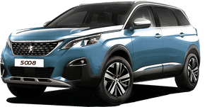 淺藍色Peugeot 5008 SUV，黑色背景，鍍鉻細節