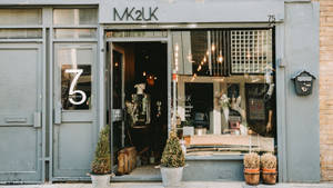 灰色店面，帶有盆栽植物和溫暖的室內照明。 — 房屋 壁紙